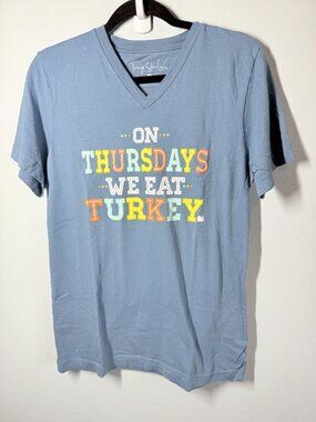 Womens Medium Funny Thanksgiving T-Shirt V Neck Light Blue Graphic Holiday Tee
